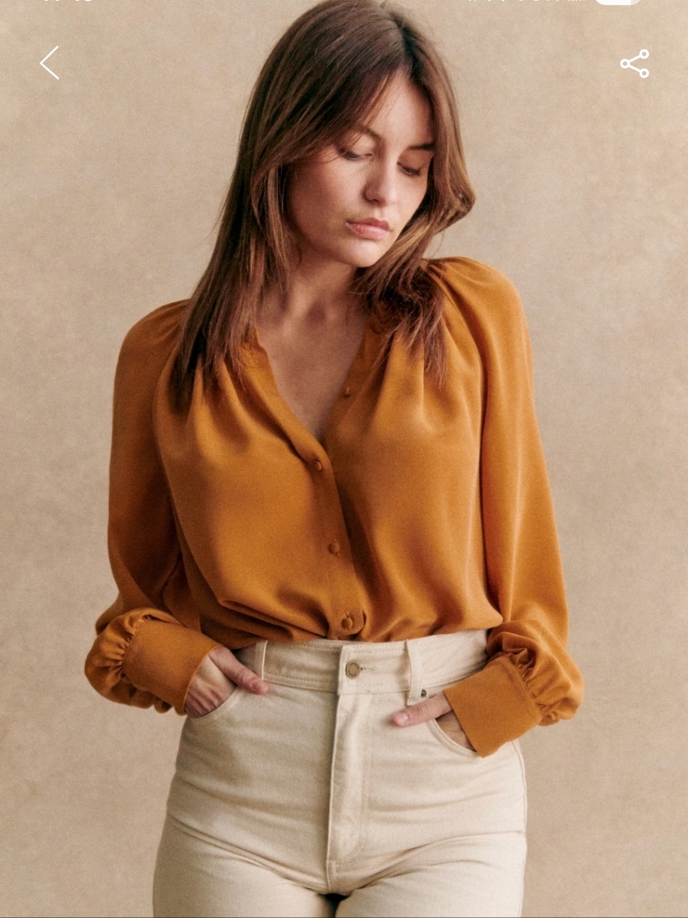 Sezane Lealys 100% Silk Saffron Button-Front Shirt